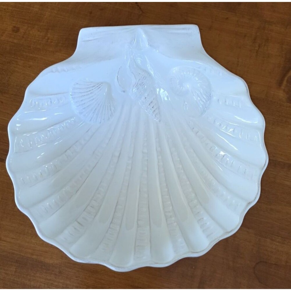 BLUE SKY Scalloped Shell Shaped Serving Bowl Ceramic Coastal Decor White 10” EUC